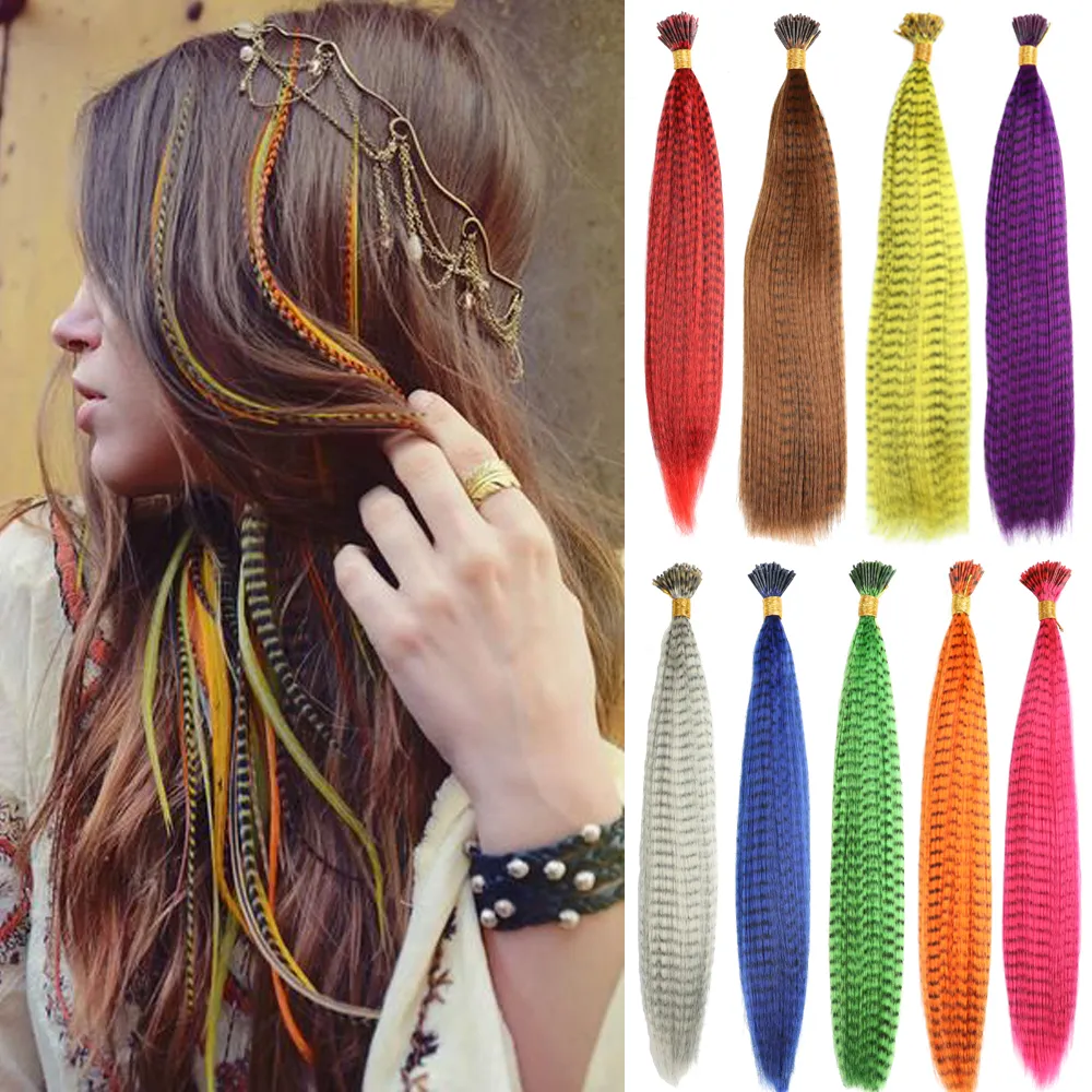Colored Strands for Hair Feather Extension 10 Pieces I Tip Synthetic Hairpiece Fake Hair Zebra Line Feather Hair Extensions