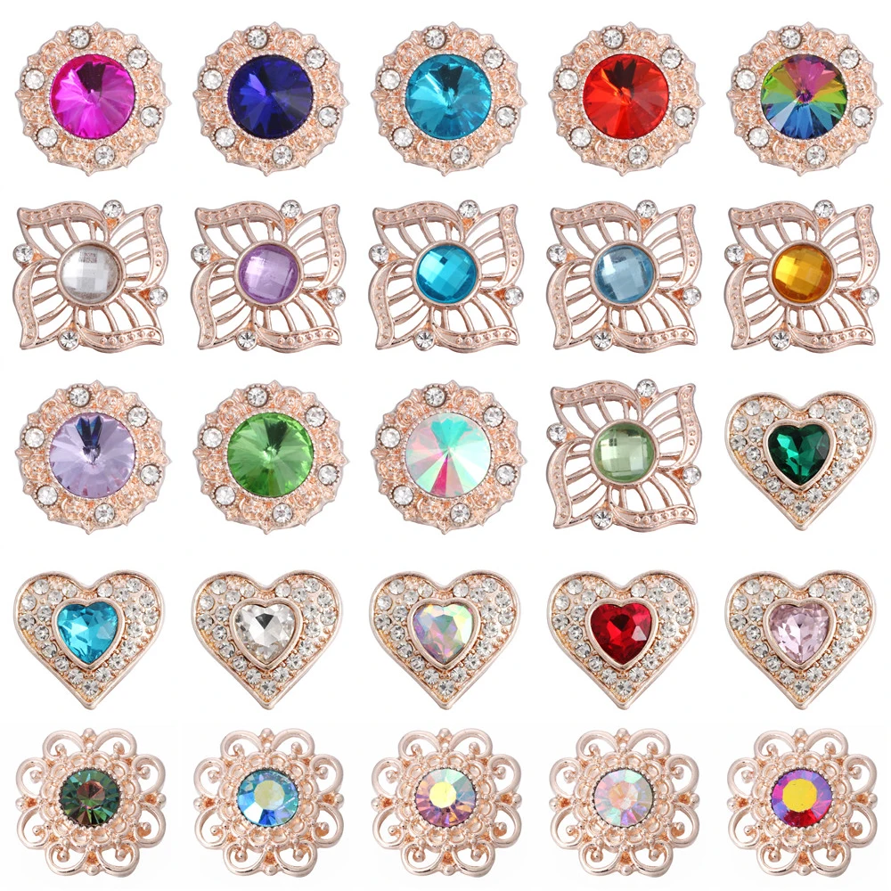 6pcs/lot New Rose Gold Snap Button Jewelry Rhinestone Crystal Love Heart Snap Button for 18MM Snap Bracelet Love Jewelry