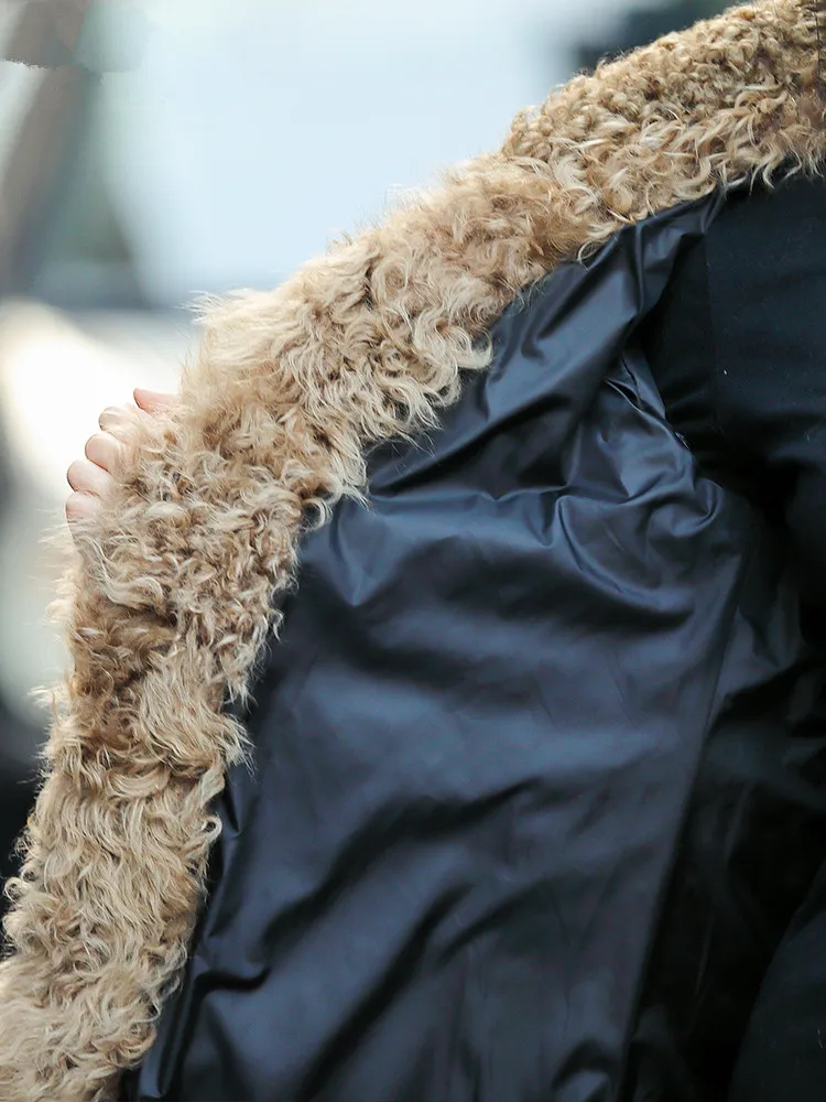 Abrigo largo de piel de oveja para mujer, chaqueta cálida con Cuello de piel de oveja, Parka de invierno