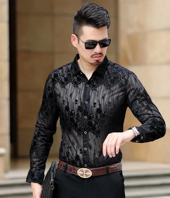 Transparent Men Shirt Sexy Lace Silk Shirt For Male See Through Mesh Business Casual Shirt Club Party Prom Chemise Homme 3XL