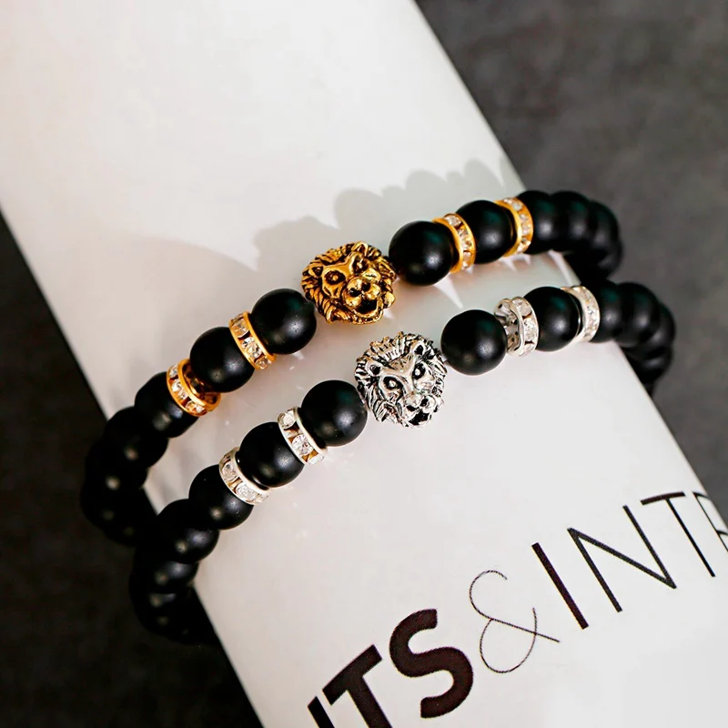Classic Lion Bracelet Men Fashion Black Matte Stone Handmade Beaded Charm Bracelet Men Jewelry Pulsera Hombre