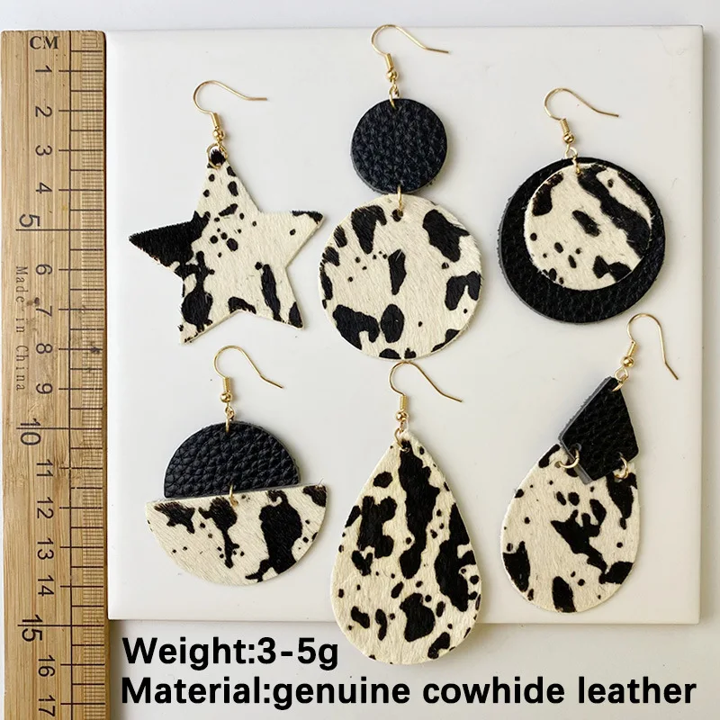 Genuine Cowhide Leather Earrings for Women Bull Head Horse Hair Cow Pattern Round Star Pendant Dangle Jewelry