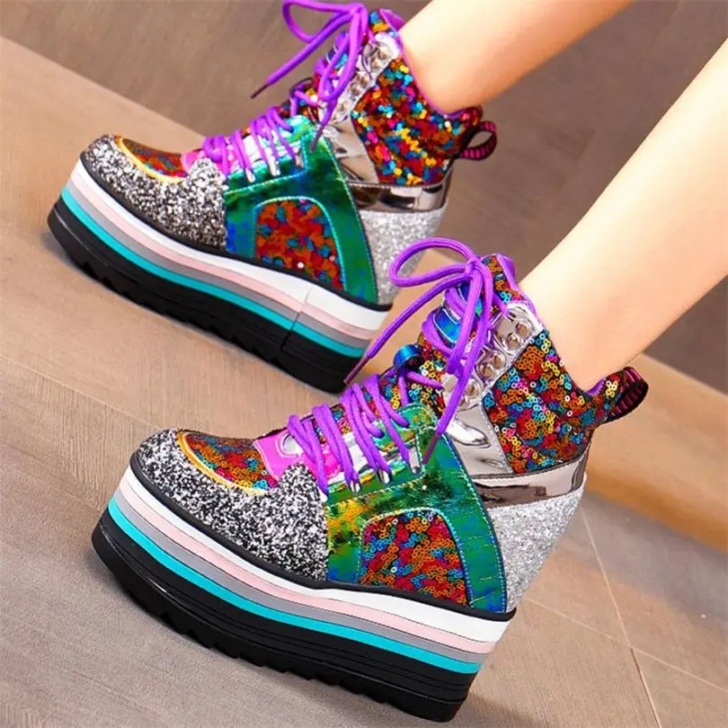 Punk Party Women Shiny Glitter Platform Wedge High Heels Fashion Sneakers Lace Up Buckle Creepers Ankle Boots Oxfords