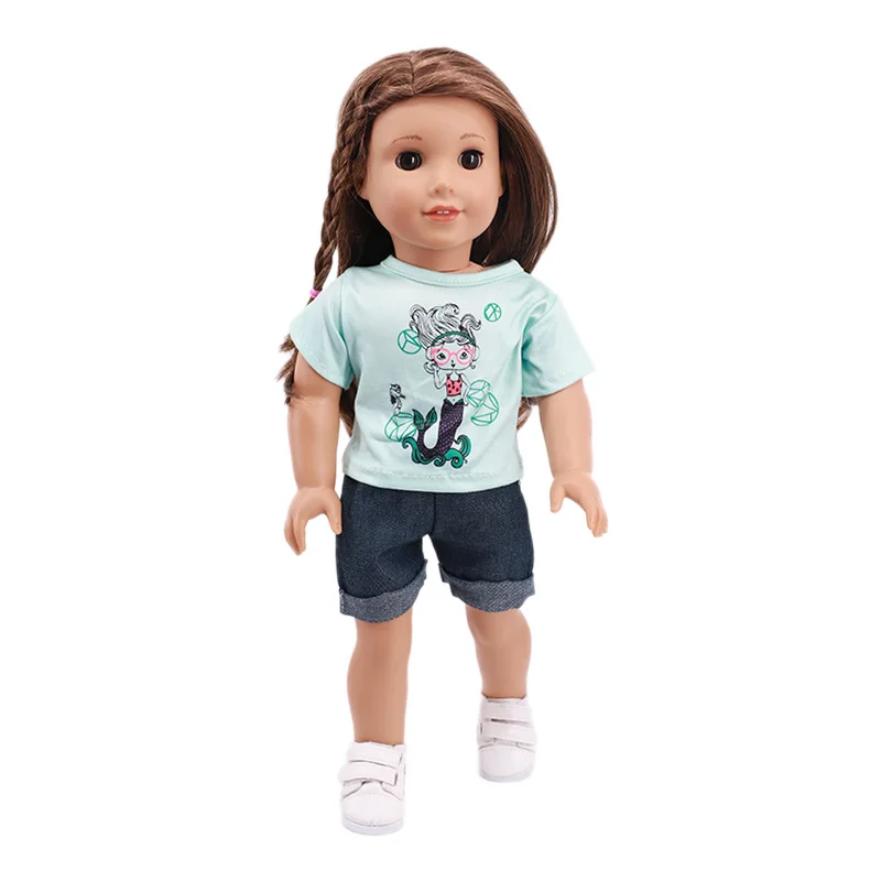 Doll Clothes Cute Pet Print T-shirt and Denim Shorts,Fit 18Inch American &43cm Reborn Baby Doll Kitty Shoes,Generation Gifts Toy