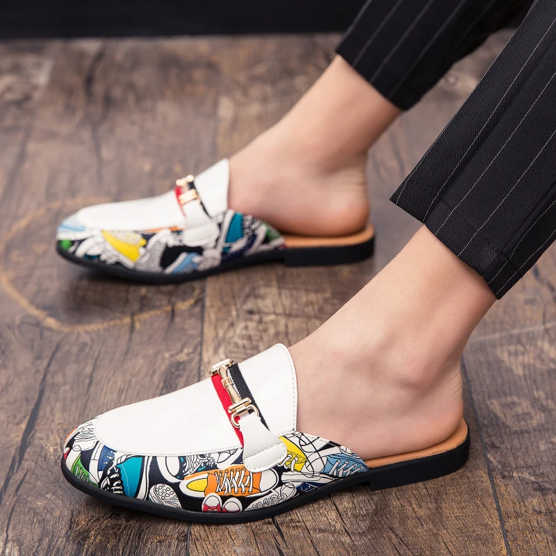 Italian Luxury Brand Designer Mens Casual Printed Leather Business Plus Size 37~45 Men Half Shoes Mules Man White Slides Slipper