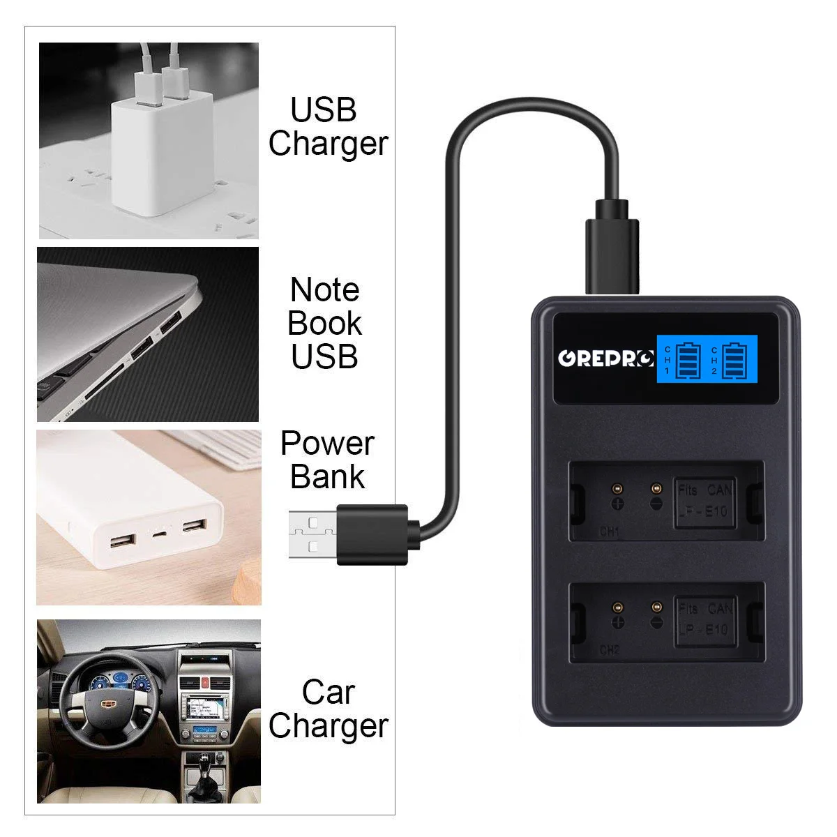 PG1050 SJ4000 PG900 Pin Có Màn Hình LCD Dual USB Sạc Cho SJCAM SJ5000 SJ6000 Sj7000 SJ8000 M10 EKEN 4K H9 h8 H9 GIT-LB101 GIT