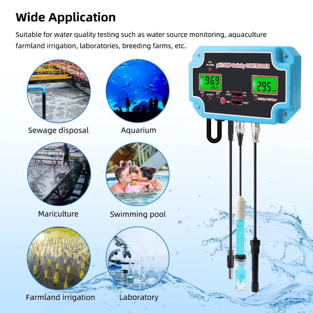 Yieryi 3In1 PH-2825 PH Salinity TEMP Water Quality Tester Monitor Digital PH Controller Meter for Pools,Drinking Water,Aquariums