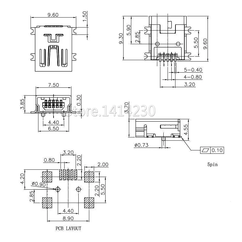 Mini USB SMD 5 Pin hembra Mini B enchufe conector, 10 piezas