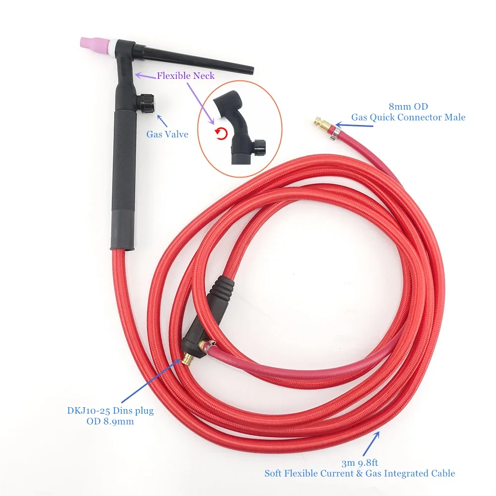 Imagem -02 - Macio Mangueira de Gás de Tocha de Soldagem Tig Tungstênio Argônio Refrigerado a ar Válvula Flexível 1025 Wp9 mm Conector de Engate Rápido de Soldador Wp9fv 120a 3m