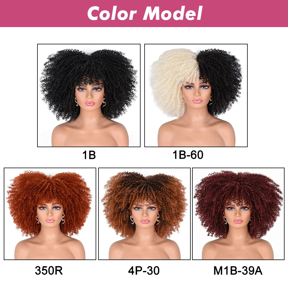 Krótkie włosy Afro peruki z kręconymi włosami z grzywką dla czarnych kobiet afrykańskie syntetyczne Ombre Cosplay brązowe blond peruki CurlCoo