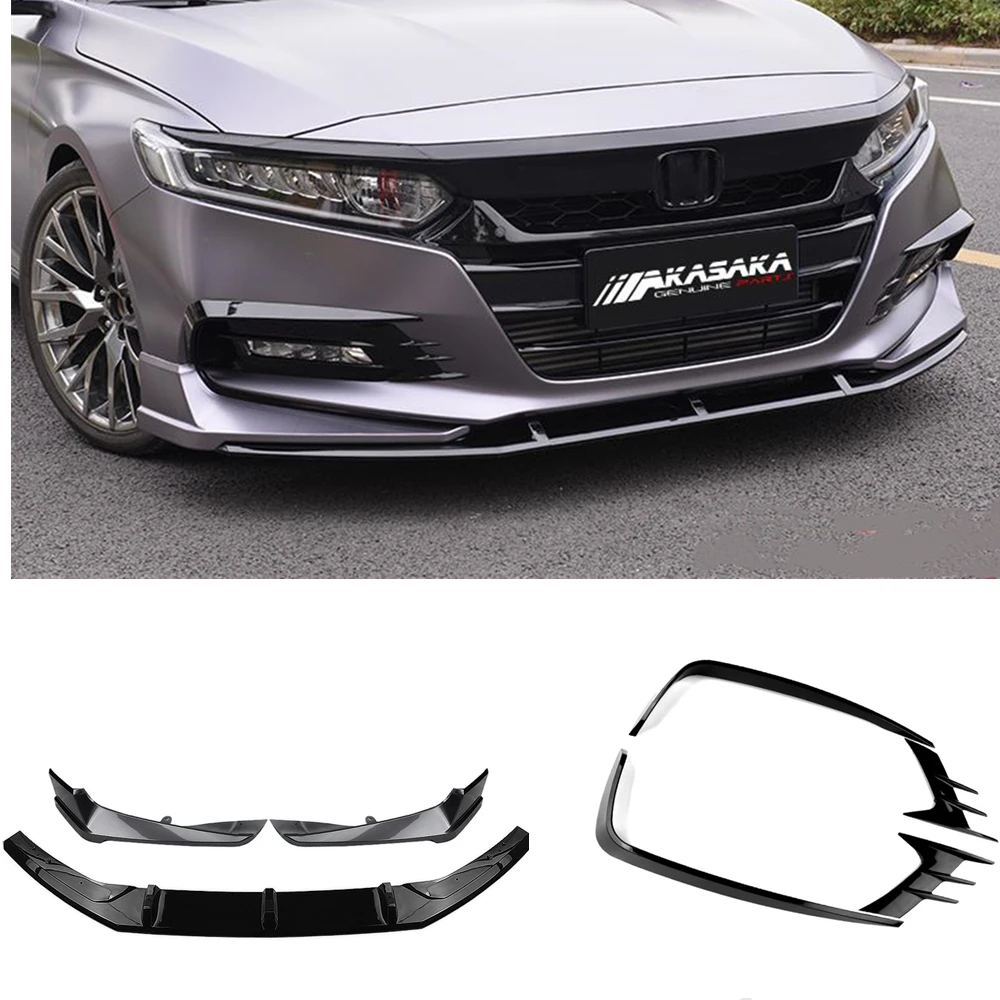 AKASAKA Body Kit For Honda Accord 2018-20 10th Front Bumper Lip Spoiler Splitter Corner Cover+Fog Light Brow Frame Trim Silver