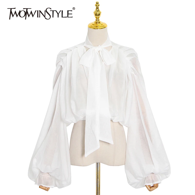 TWOTWINSTYLE Loose Bandage Shirt For Women Stand Collar Long Sleeve Minimalist Solid Blouses Female 2021 Clothing Korean Fashion