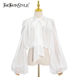 TWOTWINSTYLE Loose Bandage Shirt For Women Stand Collar Long Sleeve Minimalist Solid Blouses Female 2021 Clothing Korean Fashion