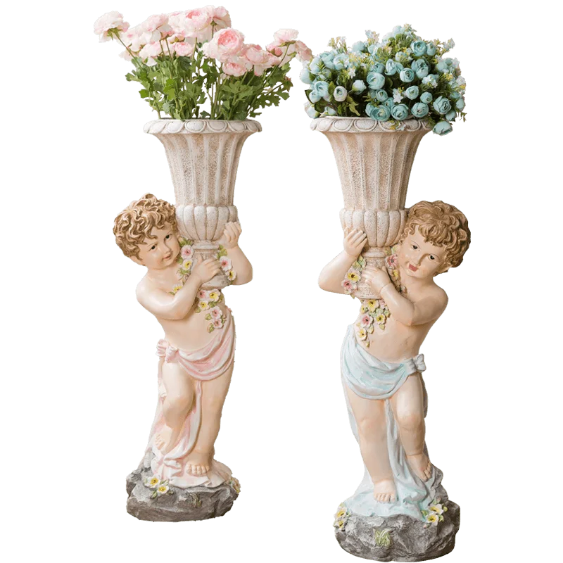 Feng shui Large Floor Angel Resin Vase Fake Flower Arrangement Cinema Hotel Statues Furnishing Crafts Home room Adornments Decor