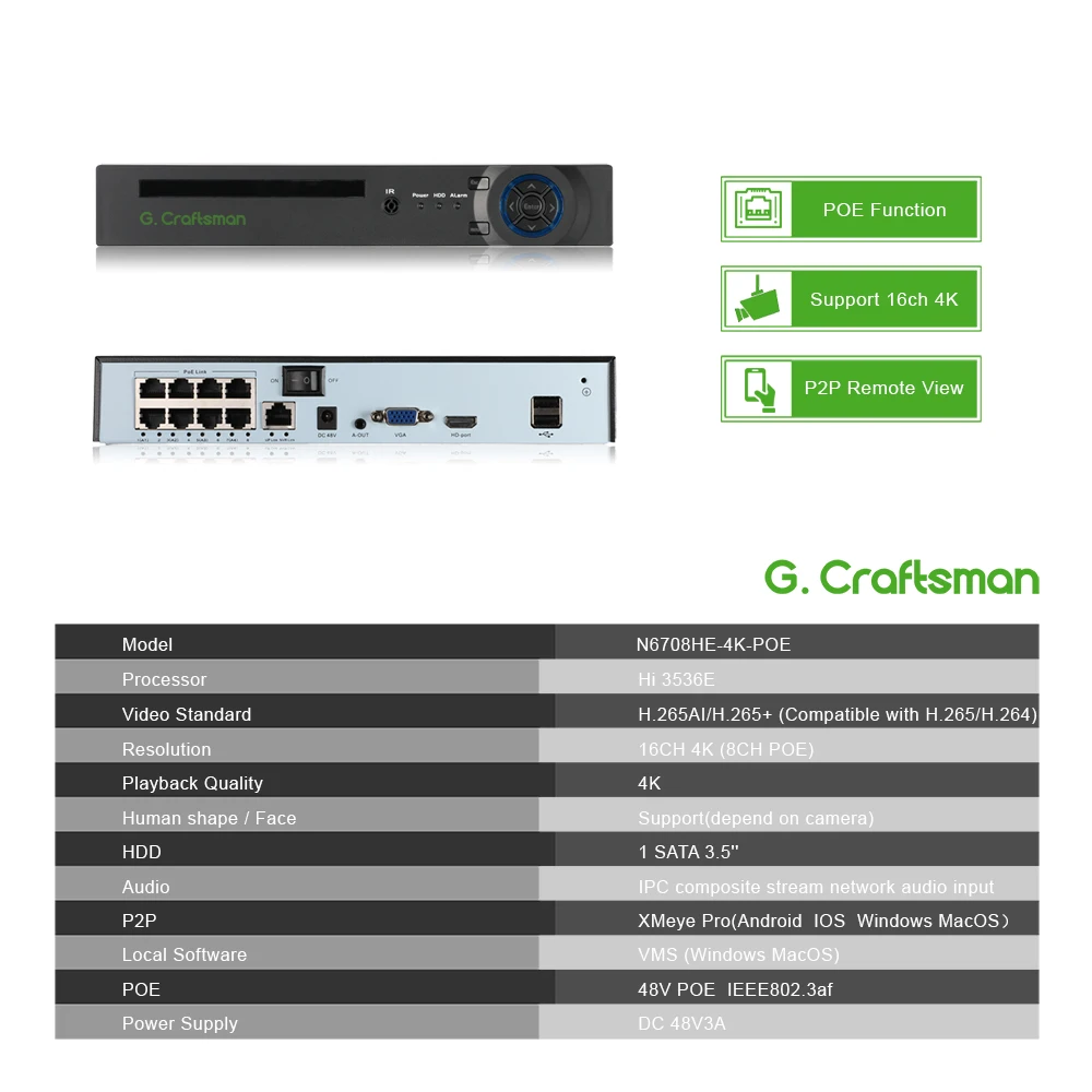 Cámara IP de grabación Onvif P2P, sistema ICSee, 4K, 8 canales, POE, NVR, compatible con 16 canales, H.265 + Onvif, 1 HDD, 24/7