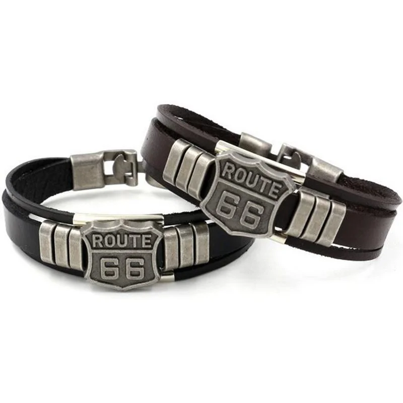 New Trendy American Route 66 Printed Pattern Bracelet Men\'s Bracelet Metal Multilayer Leather Bracelet Accessories Party Jewelry