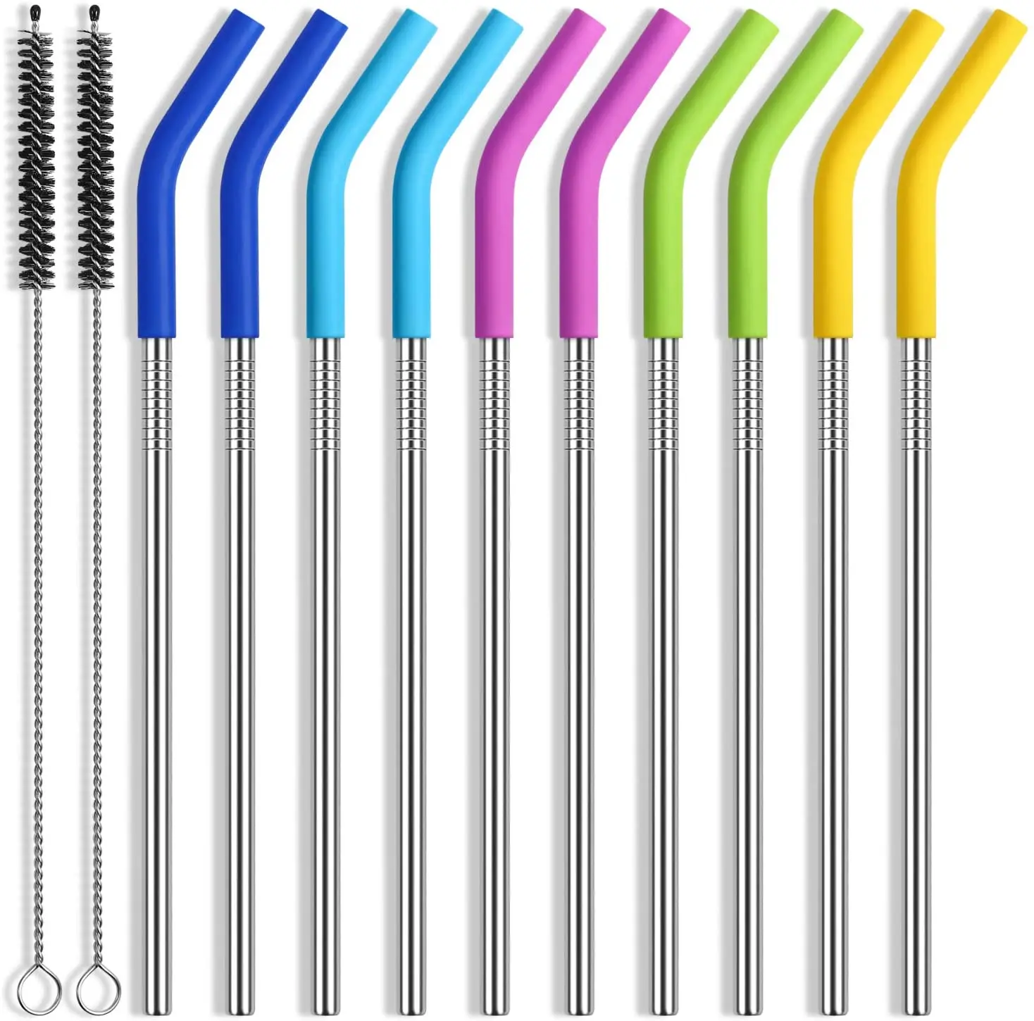 10 pack Reusable Stainless Steel Straw Set with Safe Silicone Flex Tip and Cleaning Brush 8.5 Inch Long Metal Drinking Straws