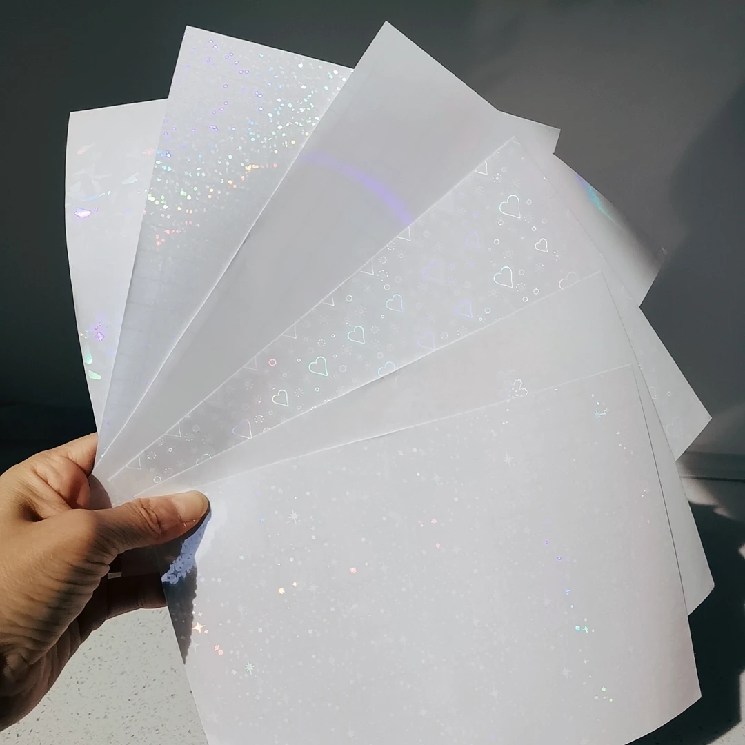 Mixed 6 Sheets  Photo Holographic Foil Adhesive Tape Cold Laminating On Paper Big Head Sticker Plastic 6x8” DIY Package Card