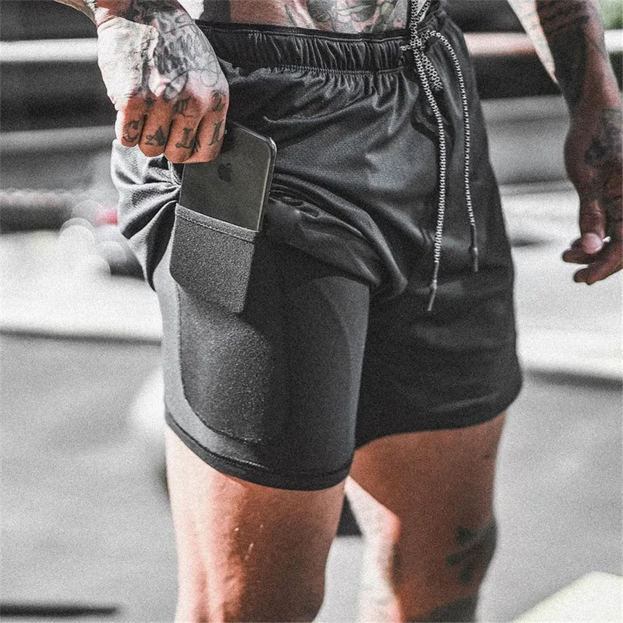 New Men 2 in 1 Running Shorts Gym Fitness Bodybuilding Training Quick Dry Beach Short Pants Male Summer Workout Crossfit Bottoms