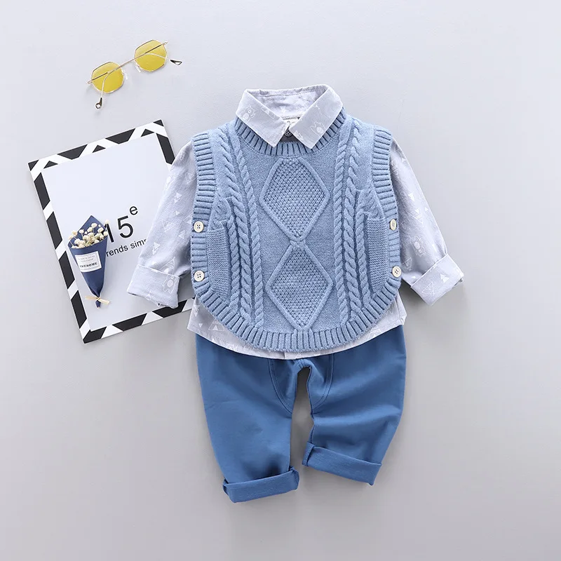 Autum Children Clothing Sets Gentleman Outfits Baby Boys Sweater Vest + Shirt + Pants 3Pcs Suit Winter Kids Clothes 0-4 Years