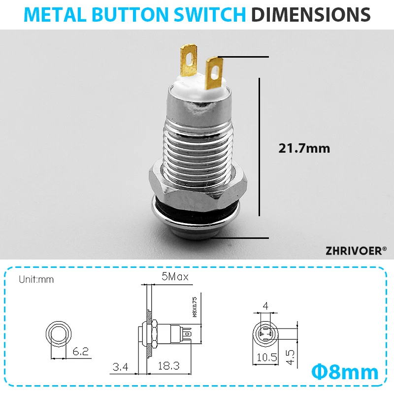 金属製押しボタンスイッチ,8mm,2ピン,セルフロック,セルフリセット,瞬時,防水,通常
