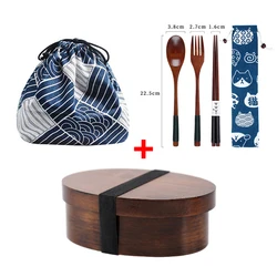 Japanese Wooden Lunch Box Picnic Bento Box For Kids Dinnerware Set Insulation Bag Chopsticks Fork Spoon Food Storage Container