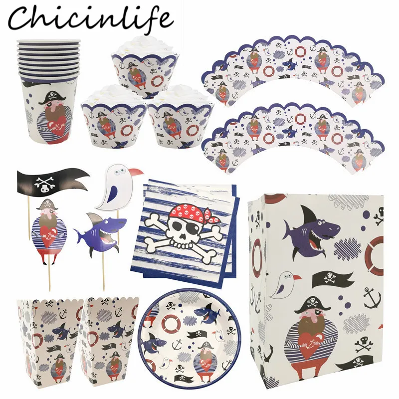 Chicinlife-platos de papel pirata, vasos, servilletas, mantel, vajilla desechable, caja de palomitas de maíz, bolsas de papel, suministros para fiesta de feliz cumpleaños