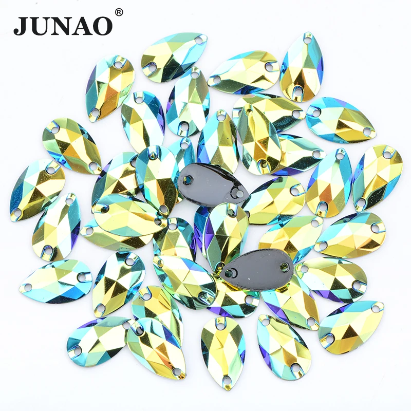 JUNAO 7*12mm High Quality Sewing Teardrop Rose Gold AB Rhinestones Flatback Sew On Resin Crystals Stones for Needlework