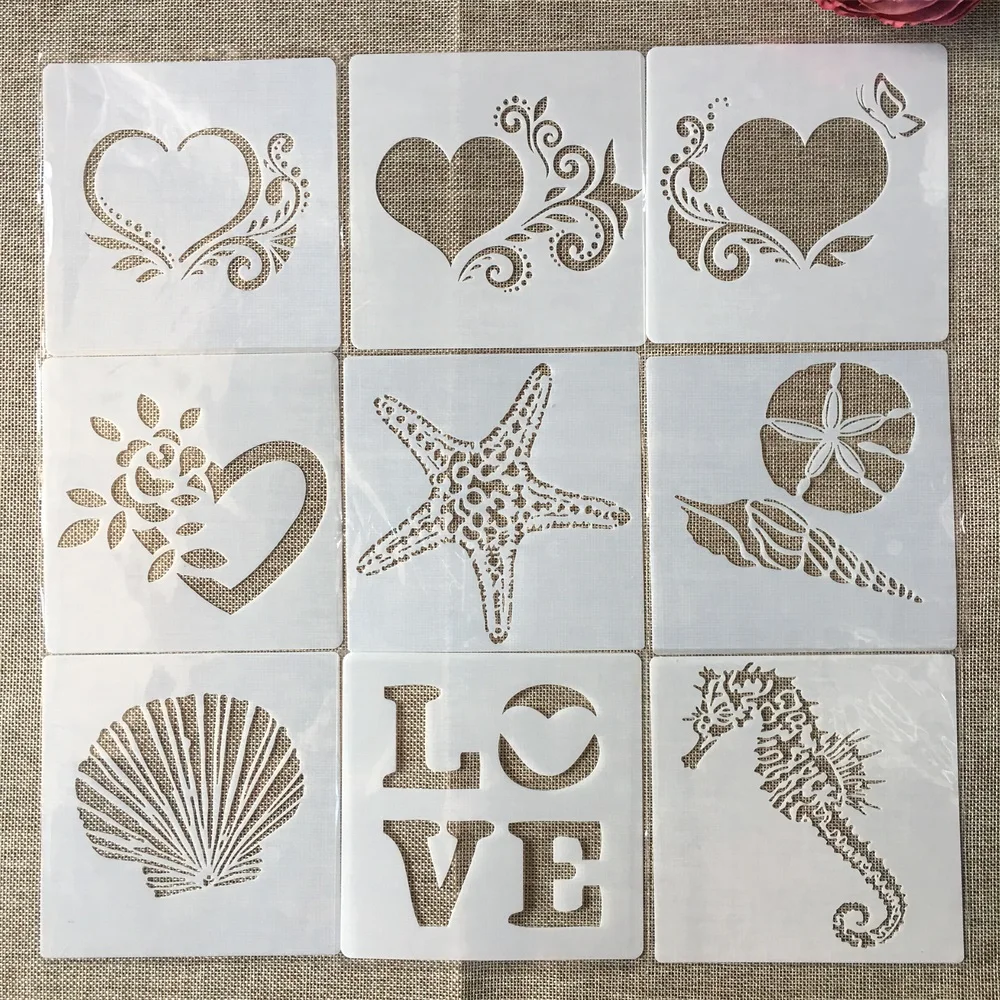 

9Pcs/Set 13cm Shell Love Hippocampus DIY Layering Stencils Painting Scrapbook Coloring Embossing Album Decorative Template