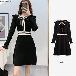 2021 Hot Sales Womens Cute Feminine Vestidos Striped Ruffled Bow Tie Black Knitted Mini Sweater Dress D0640