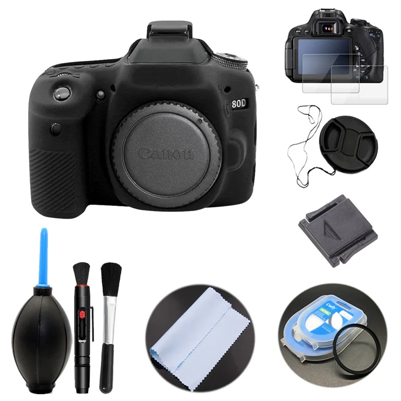Защитный комплект закаленное стекло УФ-фильтр ручка воздуходувка Горячий башмак Чистящая Щетка ткань объектив силиконовый чехол для камеры чехол для Canon 80D