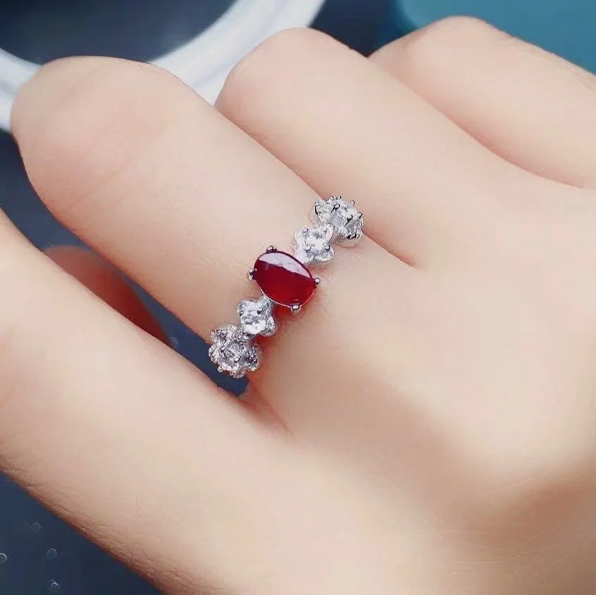 Dazzling Silver Ruby Ring for Wedding 4mm*6mm 100% Natural Ruby Silver Ring 925 Sterling Silver Ruby Jewelry