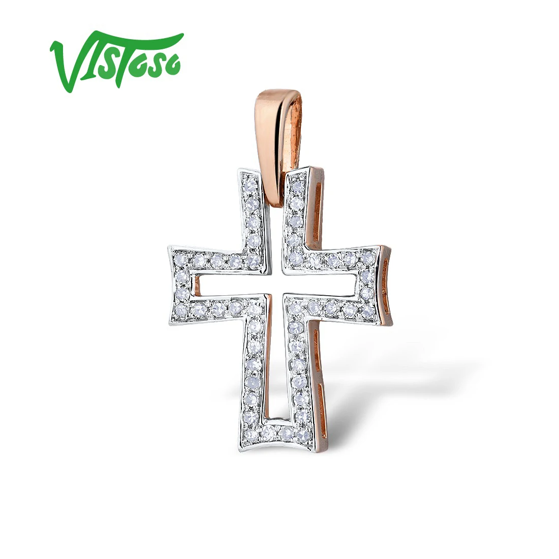 VISTOSO Gold Pendants For Women Authentic 14K 585 Rose Gold Sparkling Diamond Hollow Cross Concise Necklace Pendant Fine Jewelry