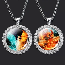 Fire Phoenix Necklace Dragon Phoenix Glass Cabochon Rhinestone Pendant Fashion Phoenix Jewelry Unisex Gift