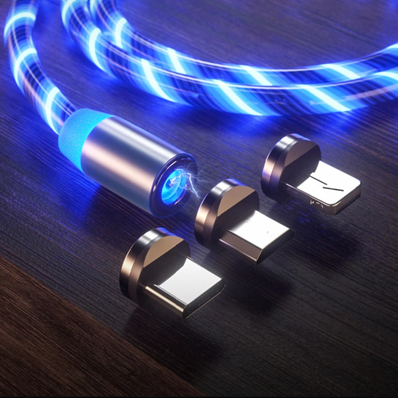 Magnetic Luminous Cable LED Glow Flowing Micro USB Type C Fast Charging Cord For Android Phone Bright Charger Cable For Huawei