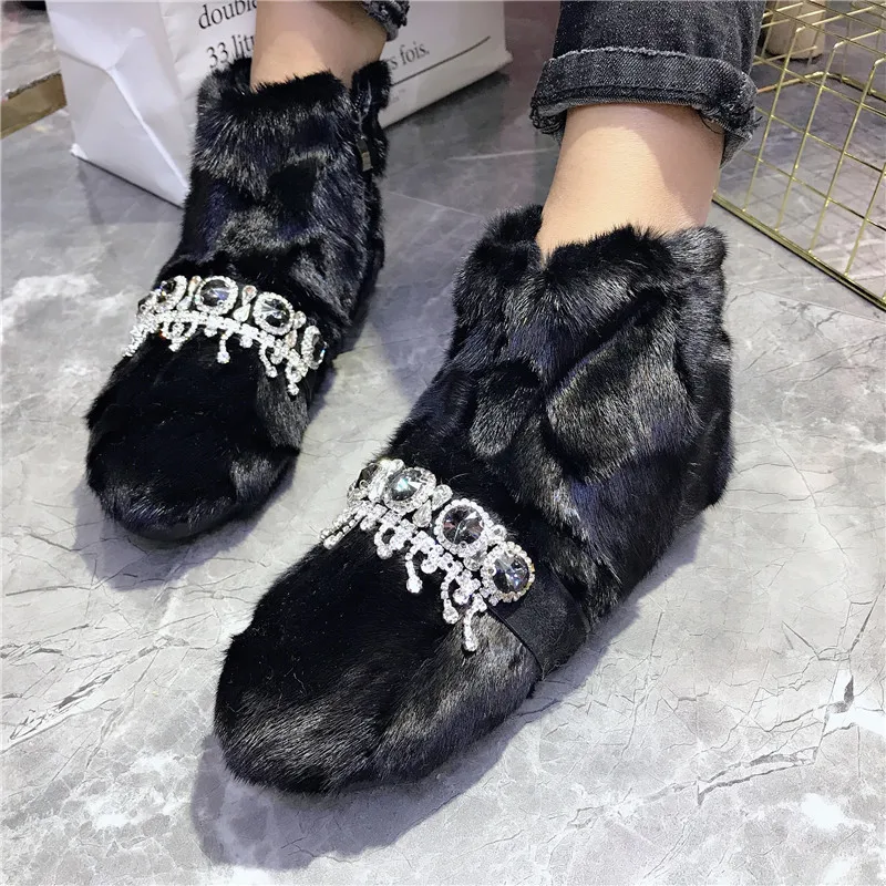 

Новинка 2026 года, женские меховые ботильоны с кристаллами, короткие зимние ботинки Bota Feminina, черные зимние ботинки из норкового меха на плоской подошве Botas Mujer