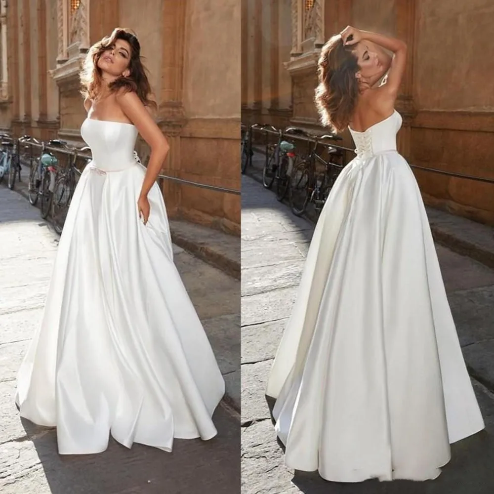 Sexy strapless a line vestidos de casamento 2020 simples cetim espartilho rendas-up voltar vestidos de noiva baratos robe de mariee vestido de casamento