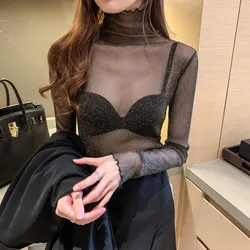 Mädchen Mesh Blusen Tees Weiblich Herbst Transparent Volle Hülse Elegante Stretchy Rollkragen Shirts Tops Unterhemden Für Frauen