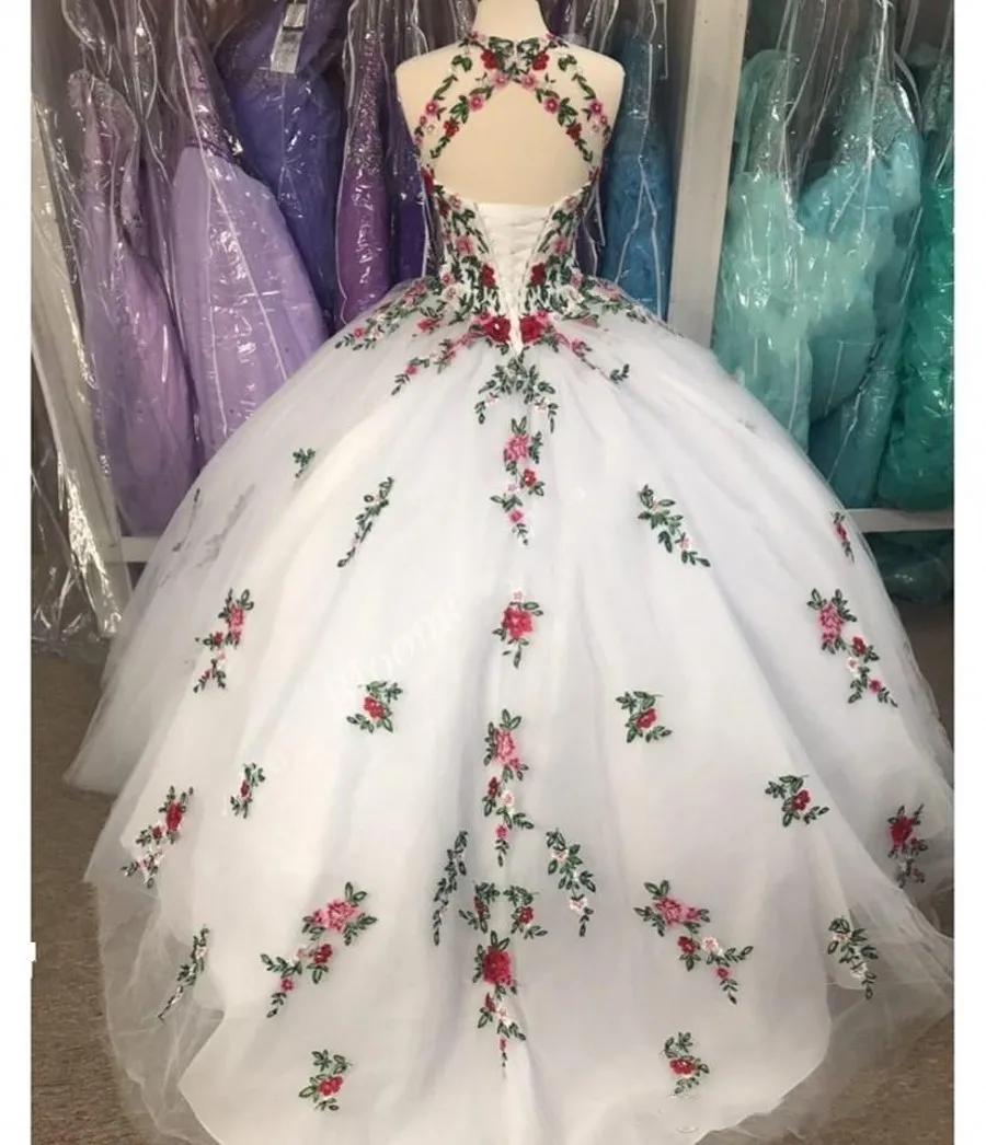 Gardlilac 2020 белое бальное платье Quinceanera платья с вышивкой цветы прозрачная ткань на шее, открытая спина Sweet 16 Платья Vestidos