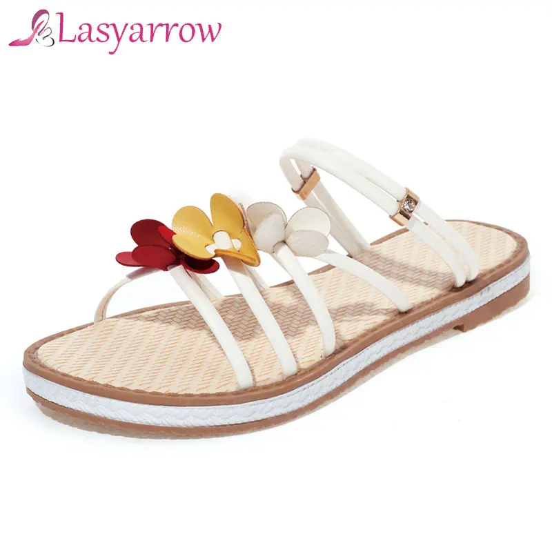 Lasyarrow 2021 newest women sandals flower flat heel casual party shoes comfortable red yellow summer sandals ladies big size