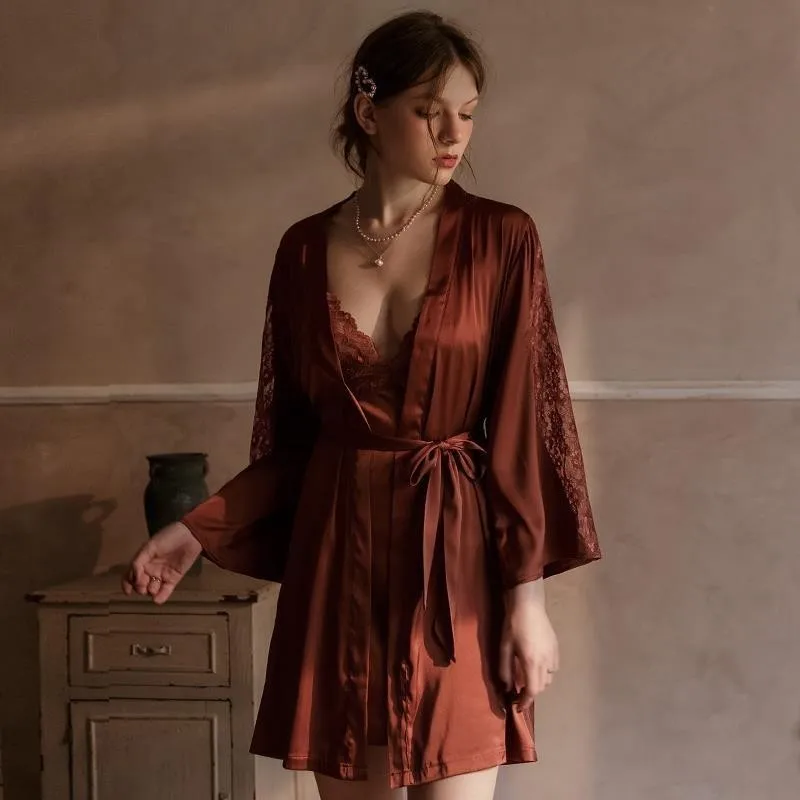 Lace Trim Women Satin ROBE Suit Sexy Loose Kimono Gown Summer Bridal Wedding Bathrobe&Nightgown Set Hollow Out Intimate Lingerie
