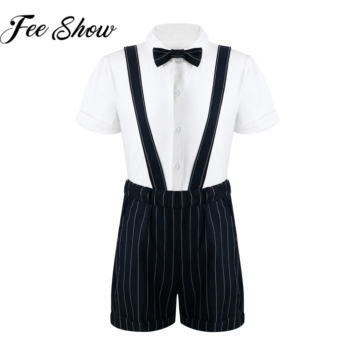 

Summer Baby Boys Formal Gentleman Suits Shorts Sleeves White Bow Tie Shirt Stripe Suspender Shorts Sets Wedding Birthday Outfit