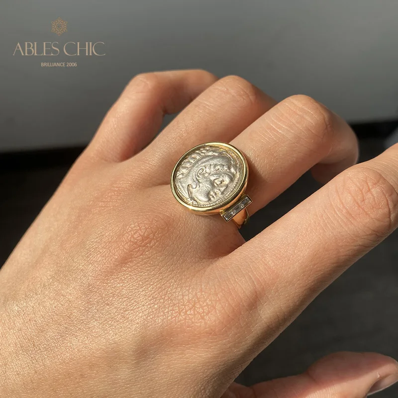 Solid 18K Gold Authentic Byzantine Ancient Heracles Silver Coin Ring Diamond 0.21ct Roman Rings