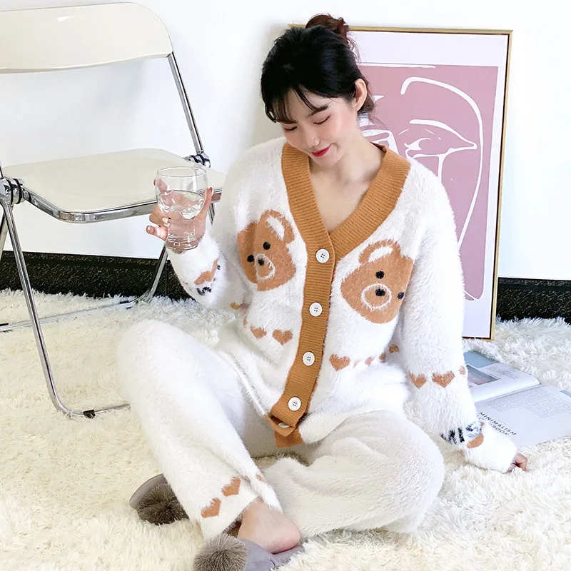 

Winter Flannel Pajamas For Women Sleepwear Set Cardigan Pijamas Cartoon Bear Night Wear Lady Home Clothes Thick Warm Pyjama Suit