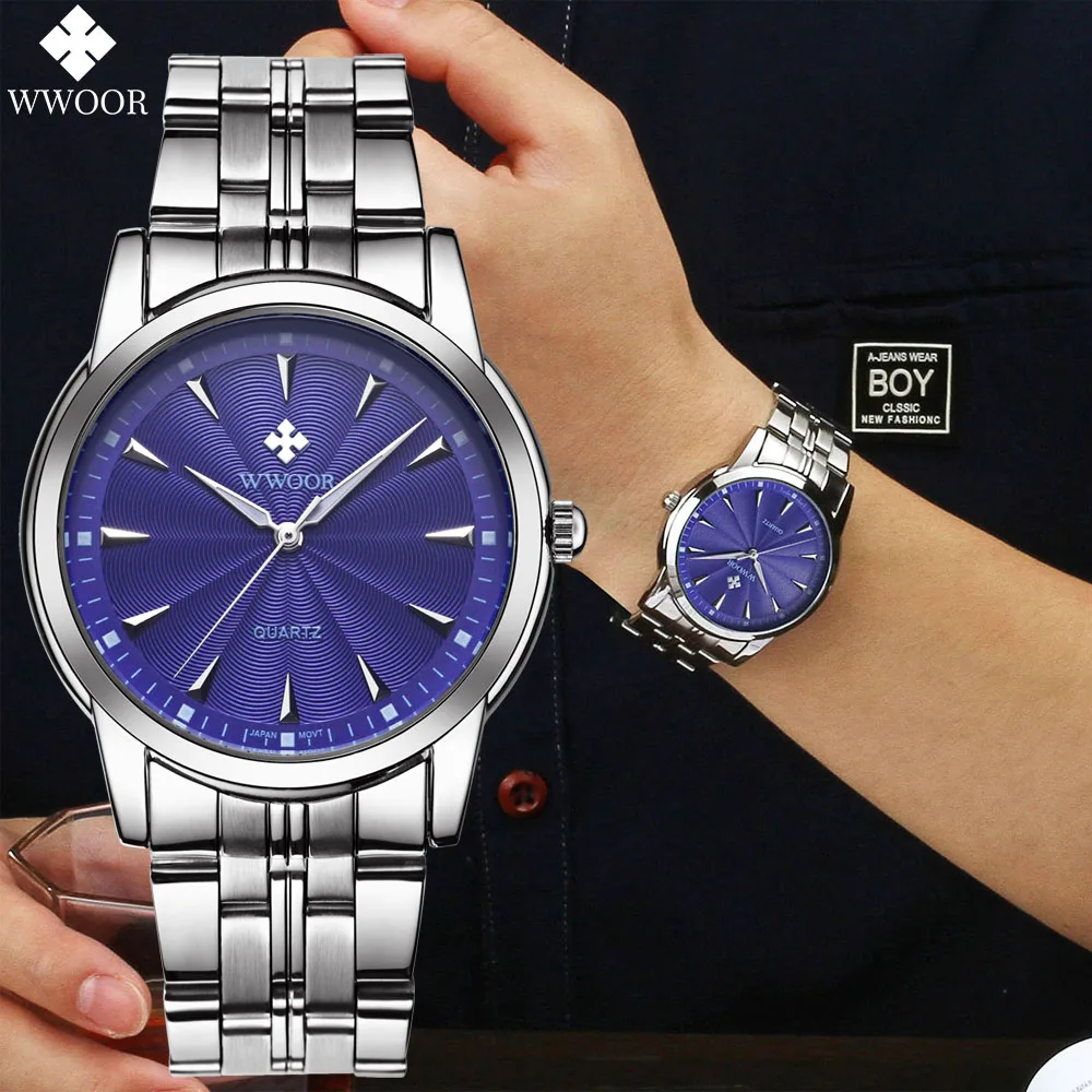 

WWOOR Men's Watches Fashion Top Brand Luxury Stainless Steel Quartz Watch For Men Casual Waterproof Blue Watch Reloj Hombre