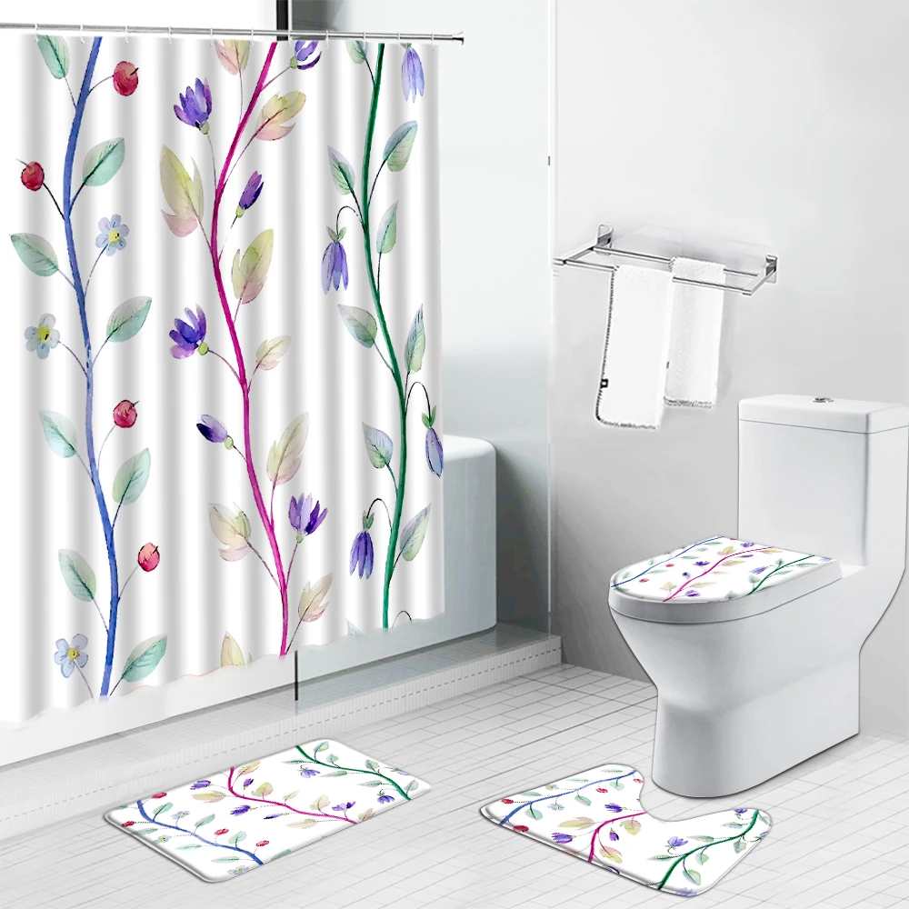 Tende da doccia a fiori viola tappetino da bagno tappeto antiscivolo tappeto floreale ad acquerello vasca da bagno schermo del water Set di decorazioni per il bagno con ganci