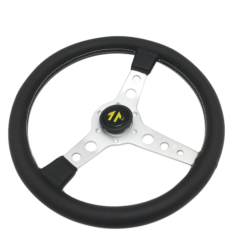 JDM Steering Wheel Real Leather Car Modified Sport 14 Inch 350mm Flat Prototipo Steering Wheel Racing Silver Black Universal