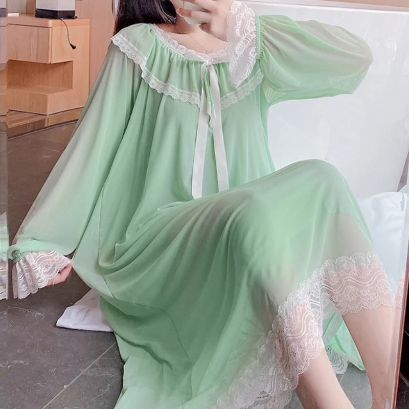 Fairy Night Dress Women Long Sleeve Lace Peignoir Kawaii Girl Romantic Vintage Nightgown Victorian Nightdress Princess Sleepwear