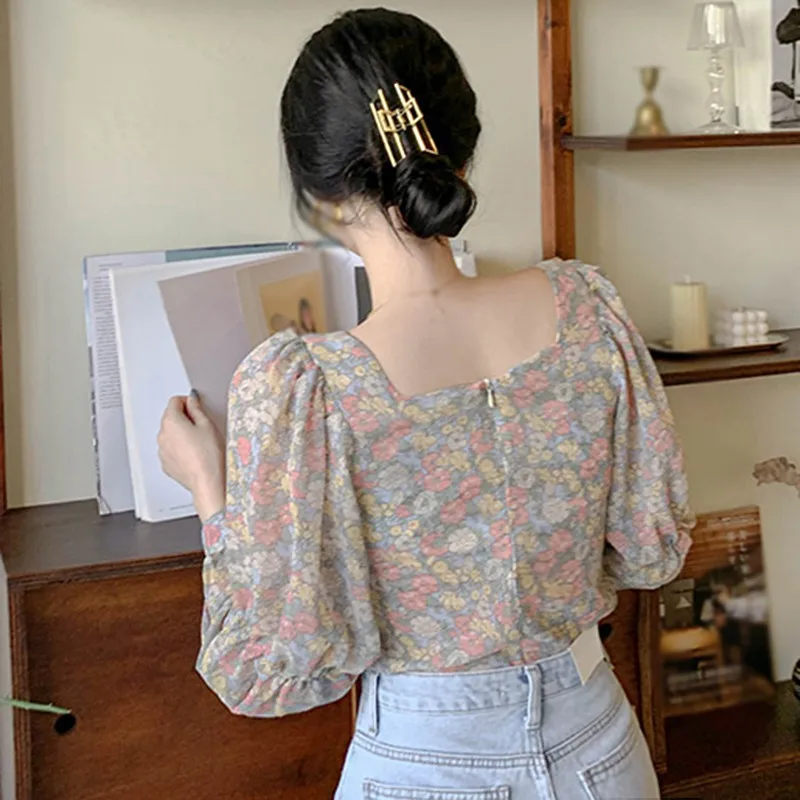 Wanita Pola Bunga Gaya Korea Kerah Persegi Seksi Manis Lengan Panjang Chiffon Blouse Tops