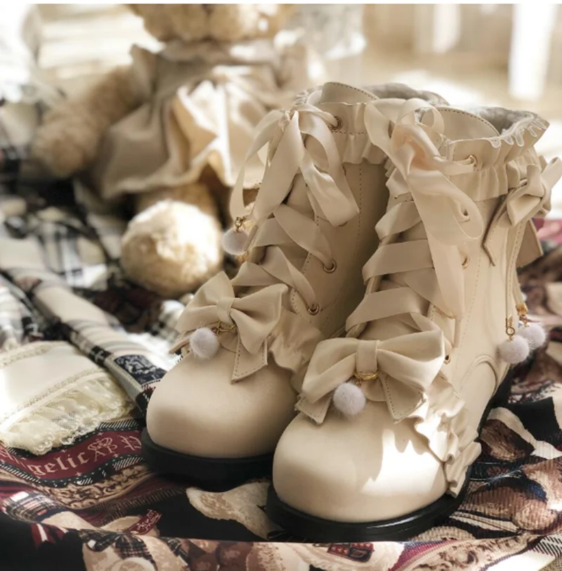 vintage round head lace ruffle bowknot kawaii shoes plush keep warm women shoes loli cosplay Winter sweet lolita shoes